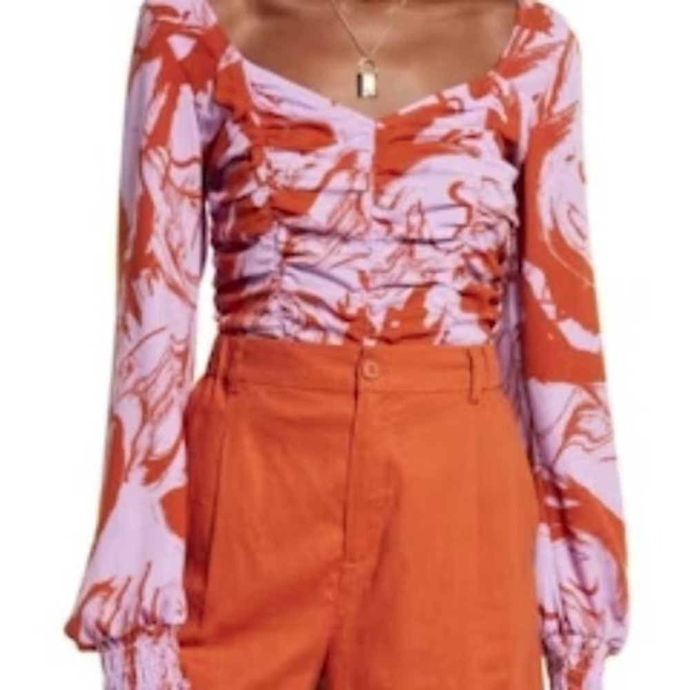Open Edit Women's Long Sleeve Ruched Crop Top Purple Rust Brush Strokes Medium
